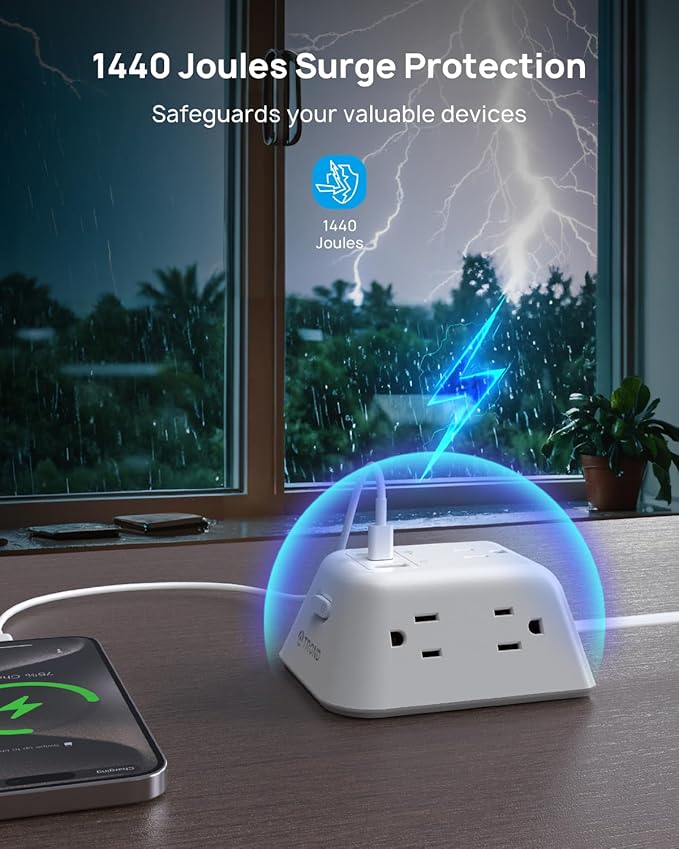 TROND Flat Plug Power Strip Surge Protector, 5FT Ultra Thin Extension Cord, 5 AC Outlets and 3 USB Ports, Wall Mountable, Compact Design for Home Office and Dorm Room Essentials