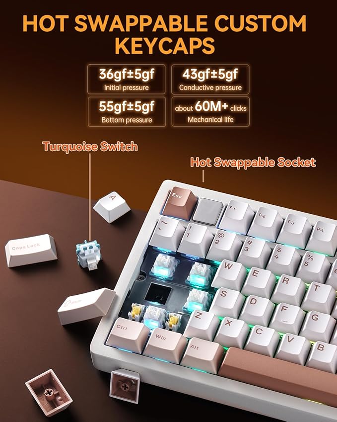 HI75CPro Mechanical Keyboards, RGB Backlit Tri-Mode BT5.0/2.4GHz/USB-C Gaming Keyboard, Hot Swappable Creamy Keyboard with PBT Keycaps for PC/Windows/iOS/Andriod - Turquoise Switch, Brown