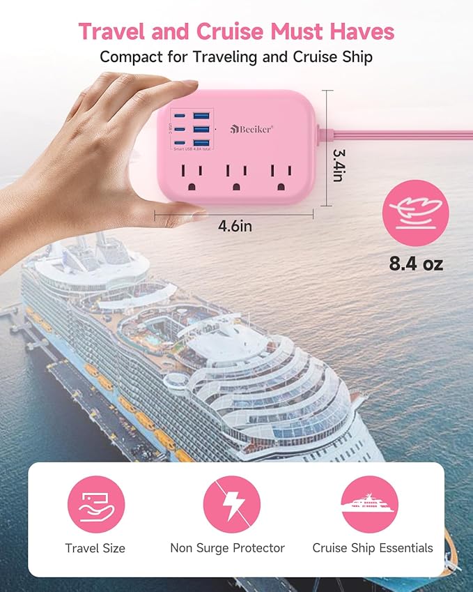 6 USB(3 USB C) Pink Power Strip- 5Ft Pink Extension Cord with 6 USB Charging Station 24W/4.8A and 3 Outlets, Pink Desk Accessories for Cruise Travel Pink Cute Kawaii College Dorm Desk Home Essentials