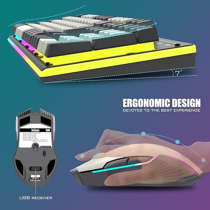 RedThunder K10 Wireless Gaming Keyboard and Mouse Combo, LED Backlit Rechargeable 3800mAh Battery, Mechanical Feel Anti-ghosting Keyboard + 7D 3200DPI Mice for PC Gamer (White-Gray)