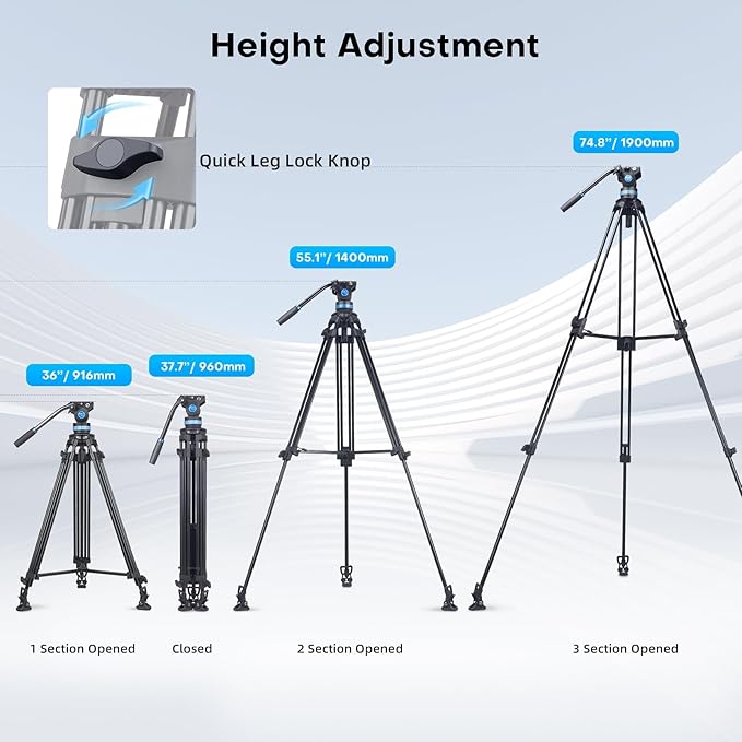 SIRUI AM-25S Video Tripod, 74.8" Professional Heavy Duty Tripod with Adjustable Damping Fluid Head for Camcorder, Cameras, DSLR, 360° Pan & +90°/-75° Tilt, Quick Release Plate, Max Load 22.0lb