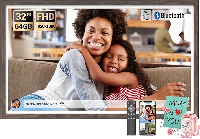 BSIMB 32 Inch Large Digital Picture Frame, Touchscreen 64GB 1920x1080 FHD WiFi Photo Frame Electronic Display Remote Control, Share Pictures/Videos via App/USB/SD Easy Setup Gifts for Mom, Dark Wood