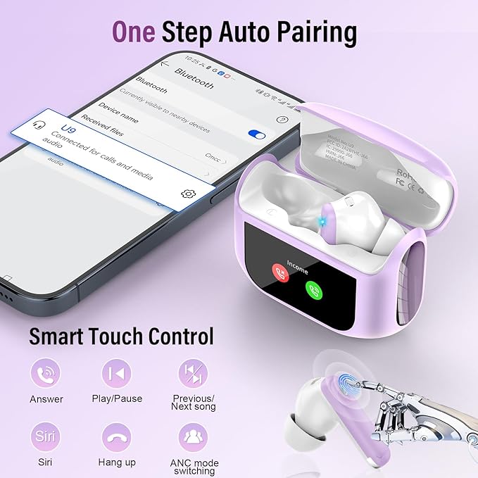 Wireless Earbuds, Bluetooth 5.4 Ear Buds with Multifunctional Touch Screen, 48H Bass Stereo Headphones with ANC/ENC Noise Cancelling/Transparency Mode, IPX7 Earphones with 5 EQ Modes, Purple