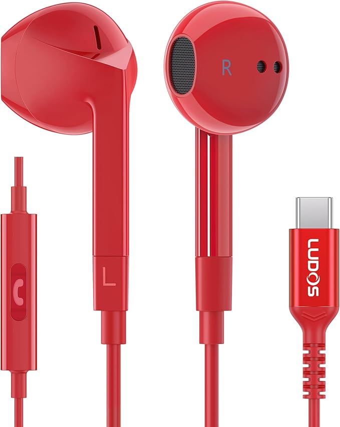 LUDOS FEROX USB C Headphones for iPhone 16 15 Pro Max Plus iPad Pro, 5 Years Warranty, USB-C Earbuds for Samsung Galaxy S24 S23 Ultra S22 S21 S20 A55 A54 A53, USB Type C Earphones - Red