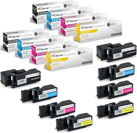CS Replacement Toner Cartridge Compatible with Dell E525W 593-BBJX Black 593-BBJU Cyan 593-BBJV Magenta 593-BBJW Yellow Multifunction E525W 8 Color Set