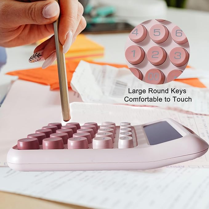 Desk Calculator, Cute 12 Digits Large LCD Display Merchanical Calculator Big Buttons for School,Office,Home,Business, Solar and Battery Dual Power, Battery Include (Pink)