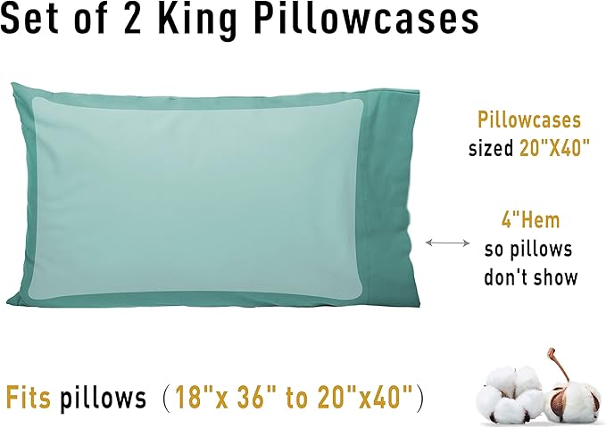 Sunflower King Pillowcases Set of 2, 100% Cotton King Pillow Cases 2, 20×40 inches Lagoon, Soft and Breathable