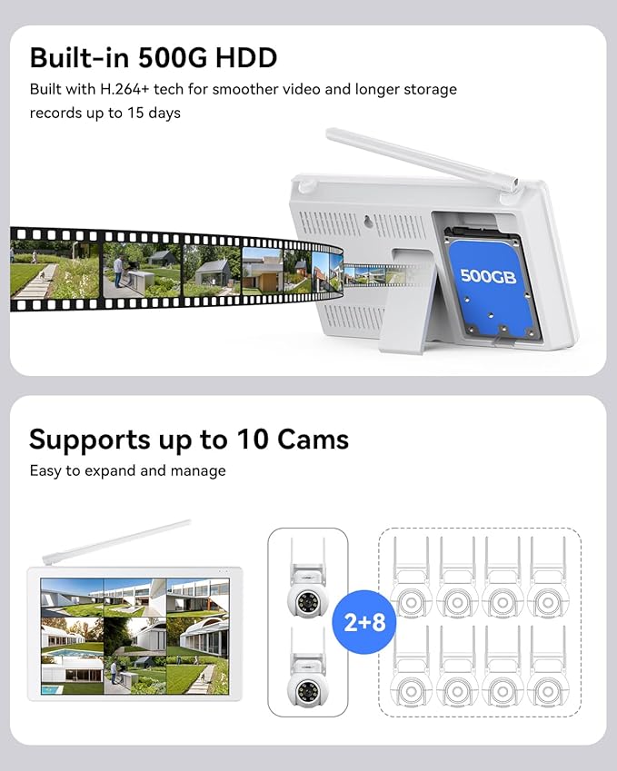 Wireless Security Camera System with 10" LCD Monitor, 2PCS 3MP PTZ Outdoor Camera for Home Surveillance, 10CH NVR with 500G HDD,Auto Tracking,Human Detection,Color Night Vision,No Monthly Fee