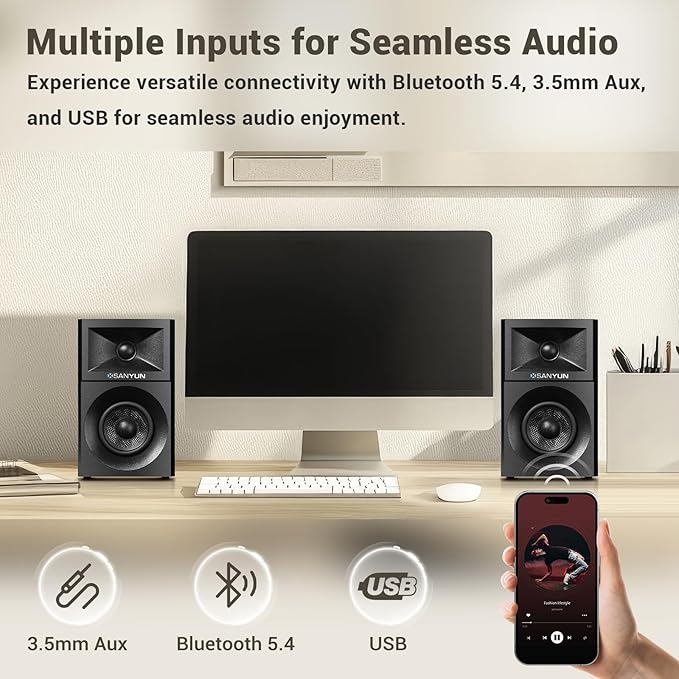 Sanyun SW203 4.0 Computer Speakers - 60W 4-Way DSP Control 3D Immersive Sound - 3" Carbon Fiber Woofer & 20mm Silk Dome Tweeter - 24bit DAC USB/Bluetooth 5.4/AUX - Studio-Grade Audio (Pair, Red)