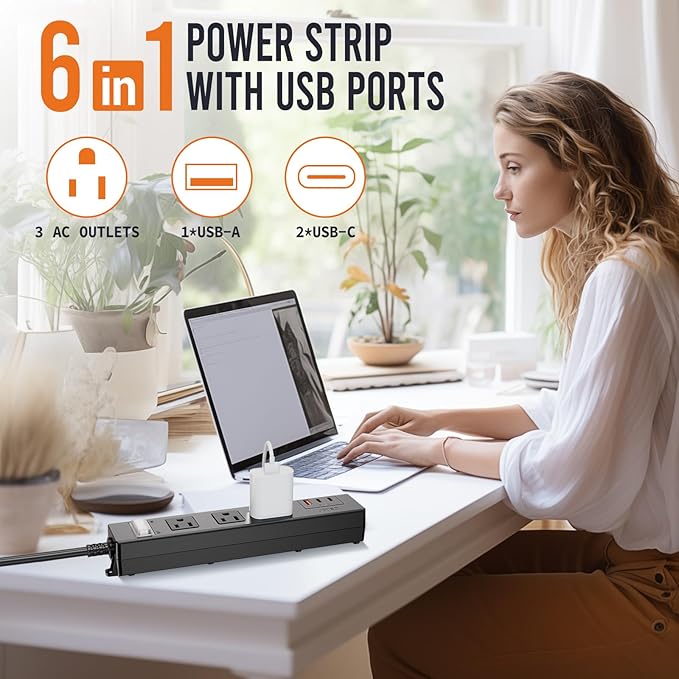 VNJ Outdoor Power Strip with 3AC Outlets + 3USB Ports, IPX6 Waterproof Surge Protector, Safety Lock Design and ETL-Certified Cables, 10FT Extension Cord for Home, Garden, and Commercial Use