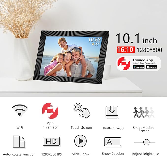 32GB FRAMEO 10.1 Inch Smart WiFi Digital Photo Frame 1280x800 IPS LCD Touch Screen, Auto-Rotate, Motion Sensor, Share Moments Instantly via Frameo App from Anywhere