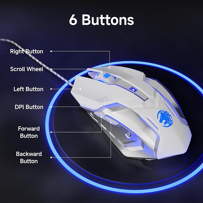 EWEADN G3 Wired Gaming Mouse, 2400 DPI Wired Optical Mouse with 6 Programmable Macro Buttons, Metal Base, 4-Color Breathing Light for PC/Laptop/Windows-White