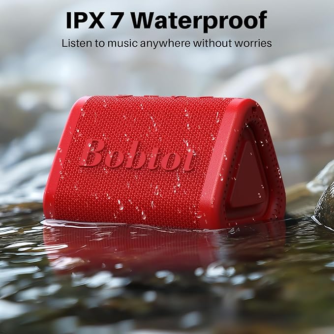 Bobtot Portable Bluetooth Speaker Wireless, IPX7 Small Shower Speaker Waterproof, 15H Playing Time, Loud and Stereo Sound with Bass, TWS Pairing for Party, Camping, Travel, Red