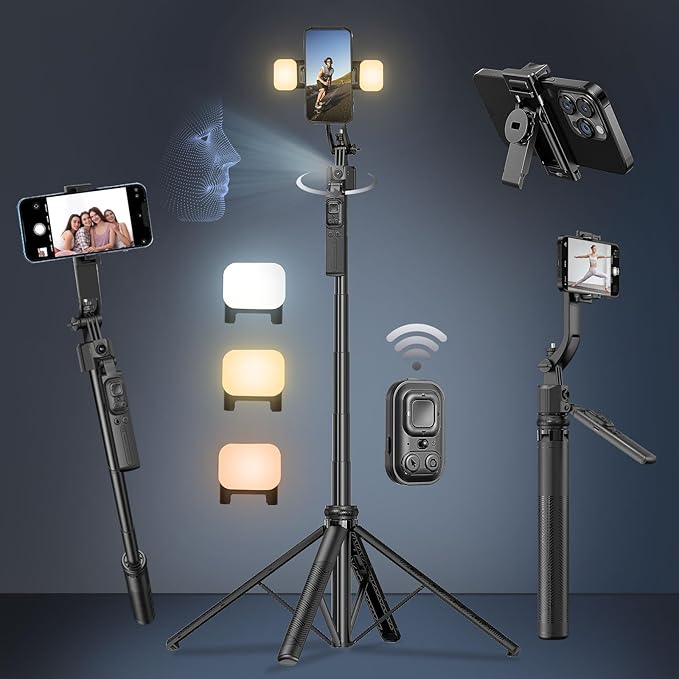 Auto Face Tracking Selfie Stick Tripod for iPhone with Light 360 Rotation 63" Phone Camera Tripod Stand Follows Your Movement with Wireless Remote for Content Creator Vlog Live Stream Video Recording