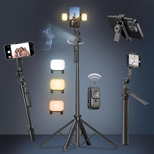 Auto Face Tracking Selfie Stick Tripod for iPhone with Light 360 Rotation 63" Phone Camera Tripod Stand Follows Your Movement with Wireless Remote for Content Creator Vlog Live Stream Video Recording
