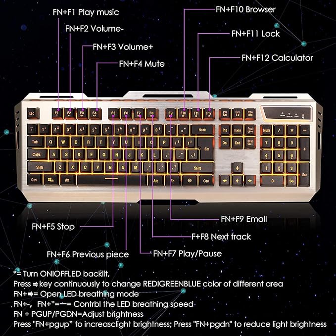 Wired Gaming Keyboard and Mouse Combo,Orange Yellow Lighted LED Backlit & Metallic Frame,Adjustable Brightness,Breathing Backlight,Full Size 104 Keys,for Xbox PS4 Xbox One Desktop Gamer