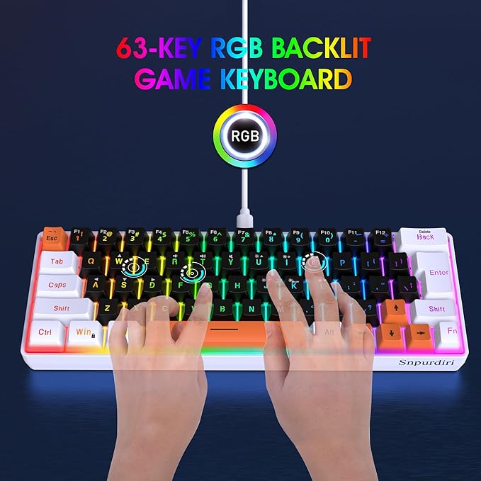Snpurdiri 60 Percent Wired Gaming Keyboard, 63 Keys RGB Backlit Small Gaming Keyboard for PC, Gamer, Typist, Travel, Easy to Carry on Business Trip(Black-White-Orange)