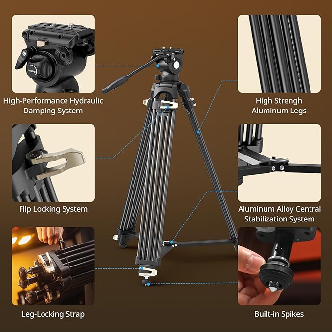 SmallRig AD-01S Video Tripod, 74" Heavy Duty Tripod with Pan and Tilt Fluid Head, Dual-Mode Quick Release Plate, Load up to 13.2lb / 6kg for DSLR, Camcorder, Cameras
