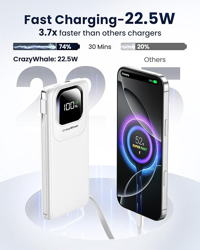Portable Charger Power Bank with Built-in Type C Cables, 22.5W Fast Charging 10000mAh Phone Charger, Travel Battery Pack Slim Battery Bank with Smart LED Display for iPhone, Android & USB-C Devices