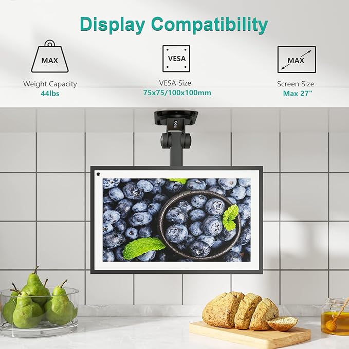 WALI Under Cabinet Mount for Echo Show 21, Echo Show 15, Height Adjustable and Foldable Mounting Bracket, Tilt Swivel for Echo Show 21, Echo Show 15, Holds up to 44lbs (ECS001), Black