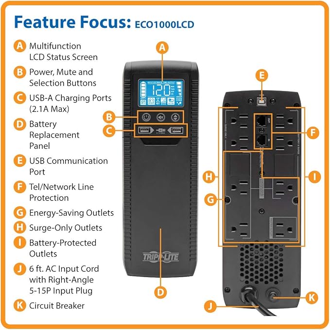Tripp Lite 1000VA UPS Battery Backup Surge Protector ENERGY-STAR Certified, AVR, 8-Outlet Uninterruptible Power Supply, USB Charging, RJ45 Protection, 3-Year Warranty & $250,000 Insurance (ECO1000LCD)