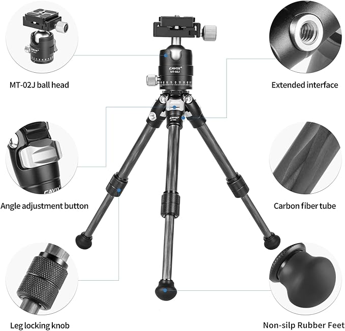 CAVIX Travel Mini Tripod with 360° Ballhead Lightweight Portable Compact Carbon Fiber Tripod for Camera