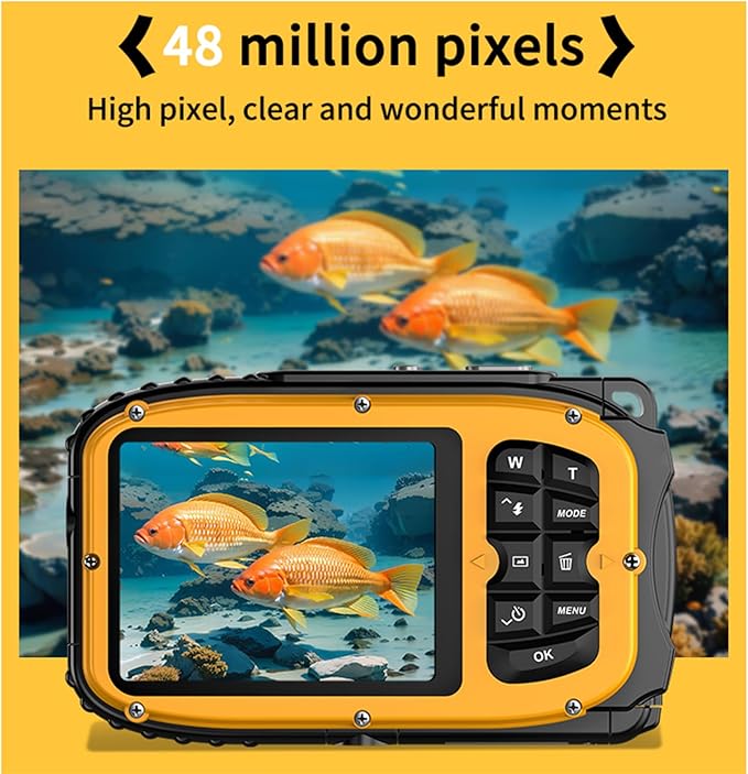 Underwater Camera with 64GB Card,48MP HD Bare-Body 11FT Waterproof Camera for Snorkeling Compact Floatable Digital Camera 2 Batteries and Tripod Come Together (Yellow)
