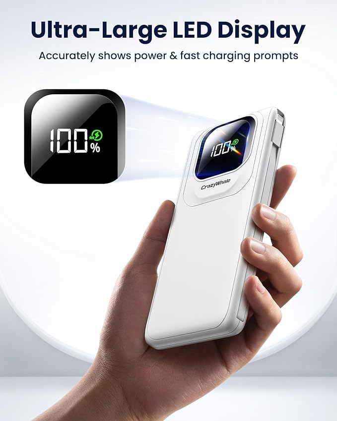 Portable Charger Power Bank with Built-in Type C Cables, 22.5W Fast Charging 10000mAh Phone Charger, Travel Battery Pack Slim Battery Bank with Smart LED Display for iPhone, Android & USB-C Devices