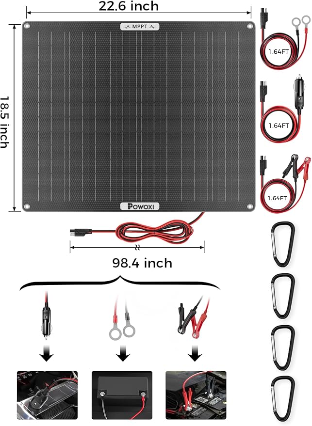 POWOXI 50W Solar Battery Charger: 12V Solar Car Battery Trickle Maintainer - with MPPT Controller Parameter Adjustable - for RV Boat Marine Motorcycle Trailer Truck Tractor - Solar Panel Kit