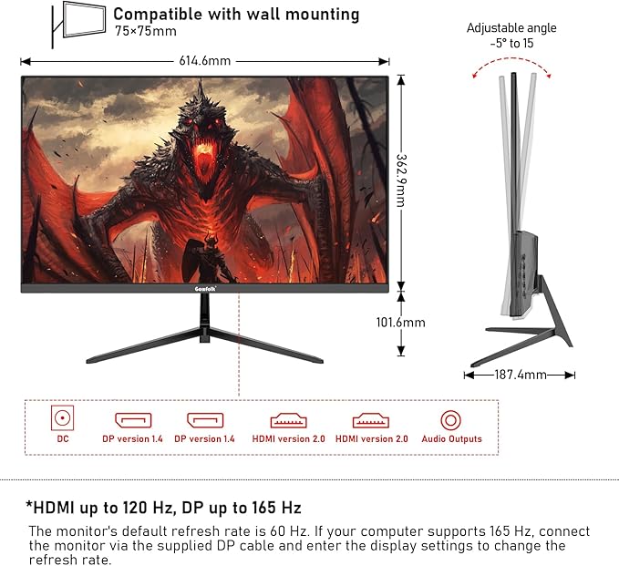 27 inch 2K QHD(2560×1440) PC Screen, 165Hz Gaming Monitor, 1ms Without Bezel, FreeSync,98% sRGB, 178° Wide Viewing Angle, HDMI2.0、DisplayPort, 75 * 75MM Wall Mount Compatible - Black