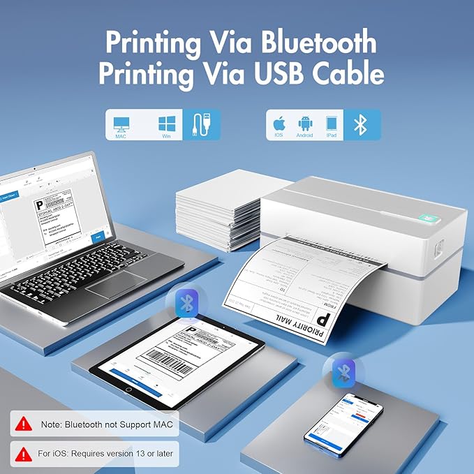 Bluetooth Thermal Shipping Label Printer: 4x6 Wireless Mini Clear Label Maker with Waterproof Tape for Small Business - Widely Used for USPS UPS Ebay Amazon Shopify Etsy, White