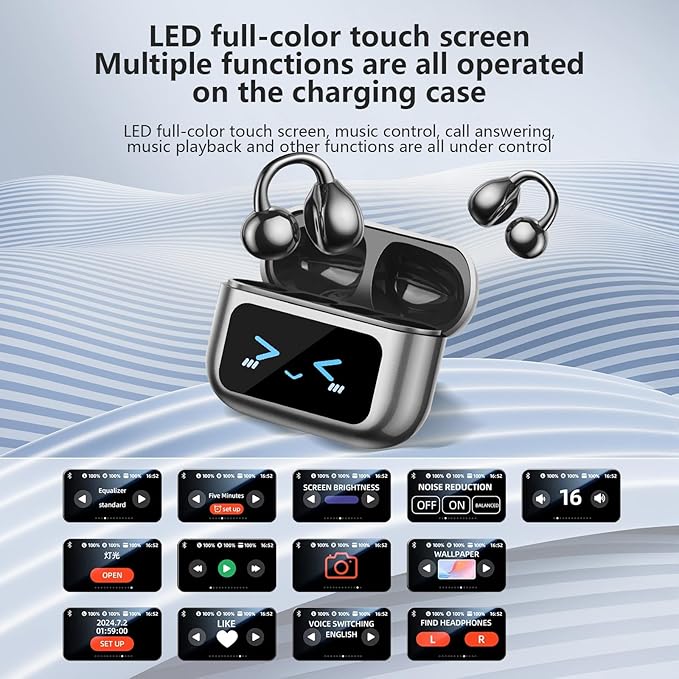 Open Ear Clip On Earbuds Intelligent Touch Color Screen Open Ear Wireless Bluetooth 5.4 Headphones Lightweight Comfort Sport Earbuds Built-in Mic IPX7 Waterproof Earphones for Running Fitness(Black)