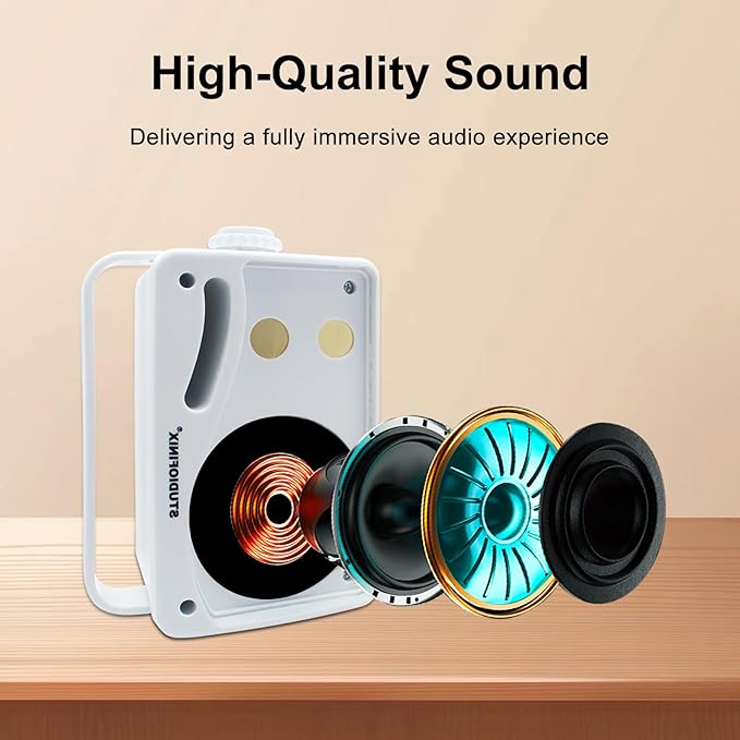 STUDIOFINIX 3.5 Inch Outdoor Bluetooth Speakers Waterproof Wired,3 Way 200W Upgrade Premium Wall Mount Speakers,Ideal use in Patio,Deck, Indoor Outdoor（White）