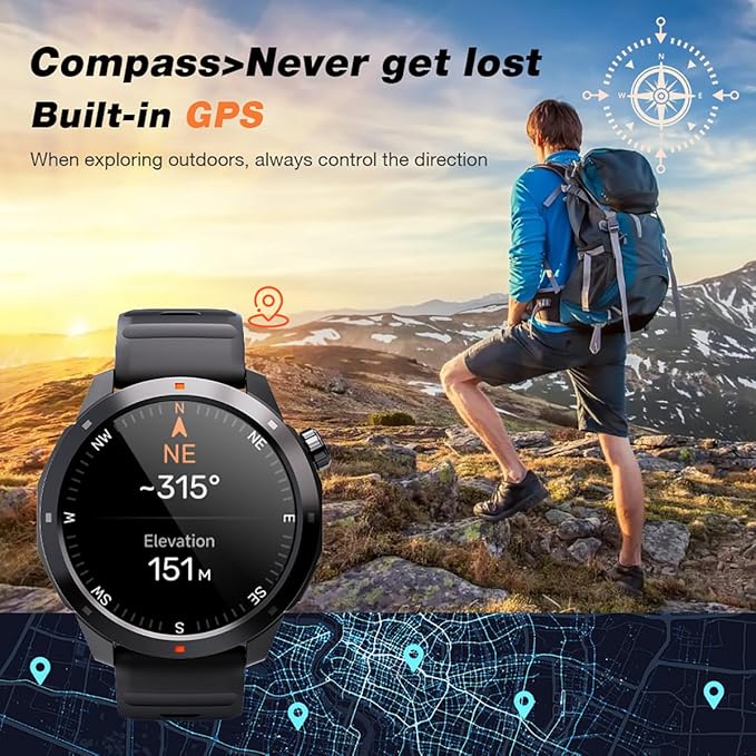 GPS Smart Watch for Men, 1.43'' AMOLED Smartwatch with Compass/Barometer/Altimeter, Heart Rate/Sleep Monitor, 30M Waterproof, 60+ Sports Fitness Tracker for Android/iOS, Black & Orange (2 Bands)