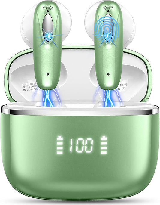 Wireless Earbud, Bluetooth Headphones 5.3 Built in 4 ENC Mic, Stereo Bass Wireless Earphones, 40H Bluetooth Earbud in-Ear Dual LED Display, USB-C, IP7 Waterproof Sports Ear Buds for Android iOS, Green