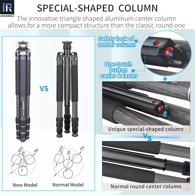 Carbon Fiber Tripod-INNOREL GT254C Professional Camera Stand Compact Portable Tripod for Digital DSLR Camera 4-Section Camera Stand Support with Special-Shaped Center Column Load 33lb/15kg