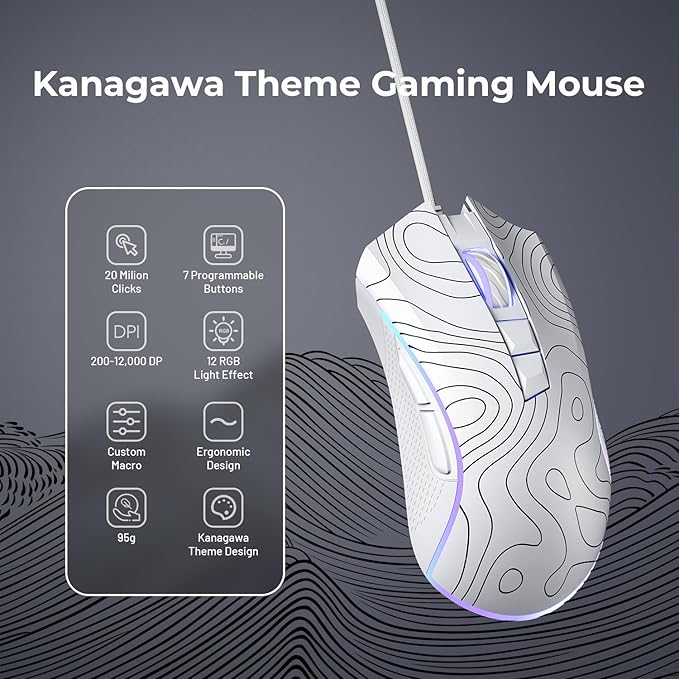 XVX G705 Wired Gaming Mouse, 12000 DPI RGB Gaming Mouse with 12 Backlit Modes & 7 Macro Buttons, PC Gaming Mice Support DIY Keybinding, Mouse Gamer Computer Mouse for Laptop PC Mac Windows,Topographic