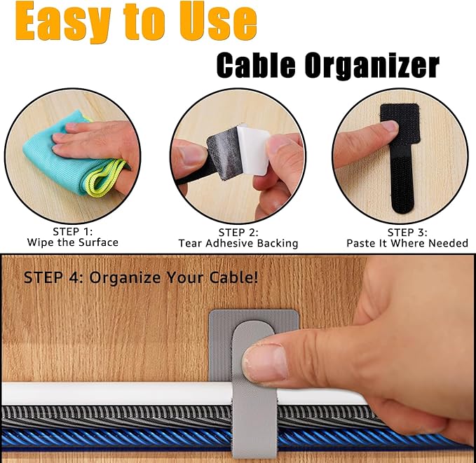 80PCS Hook and Loop Cable Straps, Cable Management Under Desk, Self Adhesive Cable Ties, Reusable Wire Organizers for Cords, Adjustable Cord Organizers for Desk, Home Office Essentials, Gray