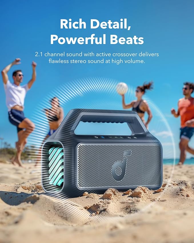 soundcore Boom 2 By Anker, Outdoor Speaker, 80W, Subwoofer, BassUp 2.0, 24H Playtime, IPX7 Waterproof, Floatable, RGB Lights, USB-C, Custom EQ, Bluetooth 5.3, Portable for Camping, Beach, and Backyard