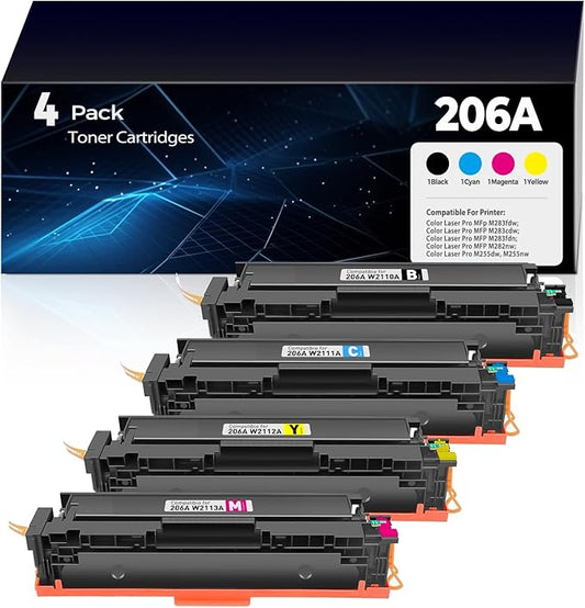 206A Toner Cartridges 4 Pack Pro MFP M283fdw M283cdw Compatible for HP 206A 206X HP206A HP206X Toner Cartridges Set(with Chip) for Color Laserjet Pro MFP M283cdw M283fdw M255dw M255nw Printer-W2110A