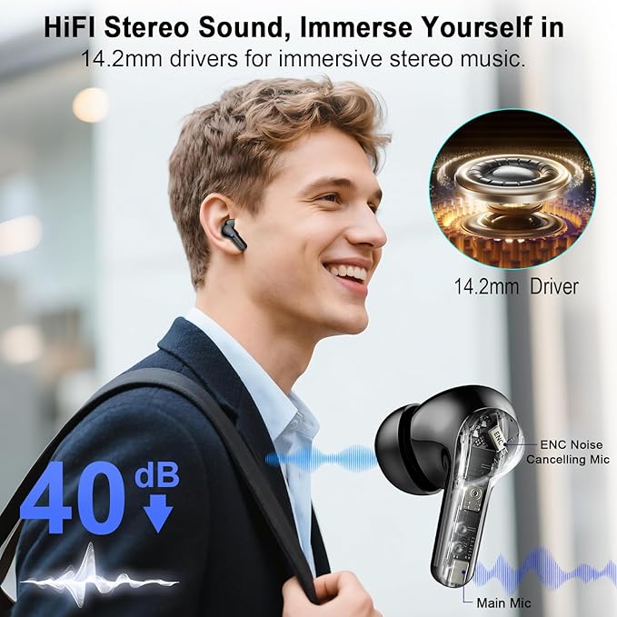 Wireless Earbuds, Bluetooth Headphones 5.4 HiFi Stereo, Ear Buds with 4 ENC Noise Cancelling Mics, 48H Bluetooth Earbuds with Dual LED Display, IP7 Waterproof in Ear Earphones for Android iOS, Black