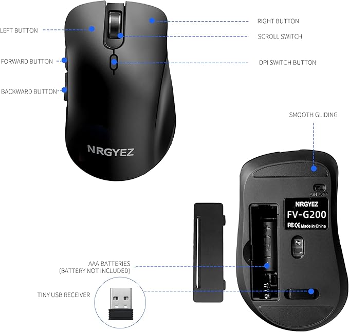 Wireless Mouse, 2.4G Ergonomic Optical Mouse, Computer Mouse for Laptop, PC, Computer, Chromebook, Notebook, 6 Buttons, 3200 DPI, 3 Adjustment Levels（Black）