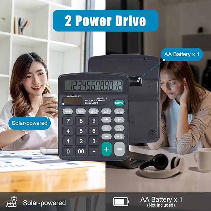 Marte Vanci 12 Digits Calculator with Large LCD Display, Desktop Basic Calculator with Big Buttons, Solar Power and AA Battery, for Office, Home, School(Black)