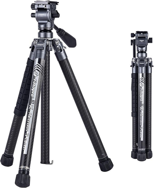 Fotopro Carbon Fiber Travel Tripod 2.2lbs Ultralight 64 Inch Portable Compact Travel Video Tripod for Camera DSLR Load up to 22lb X-Aircross 3 Lite Video Grey