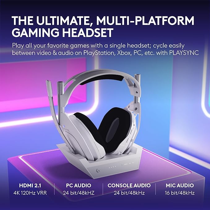 Logitech G Astro A50 X Omni-Platform Wireless Gaming Headset + Base Station for PS5, Xbox, PC: PLAYSYNC Video & Audio Switcher, HDMI 2.1 4K 120Hz VRR, <24 bit/48 kHz, 24hr Battery, 2.4GHz & BT - White
