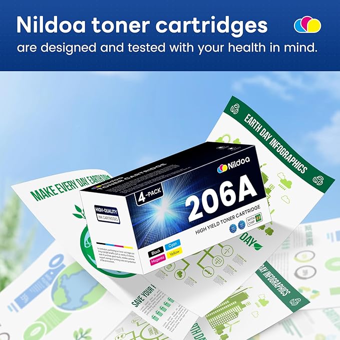 206A Toner Cartridges 4 Pack with Chip Replacement for HP 206A Black Cyan Yellow Magenta Color Pro M255dw M255nw; MFP M282nw M283cdw M283fdn M283fdw Ink Cartridges