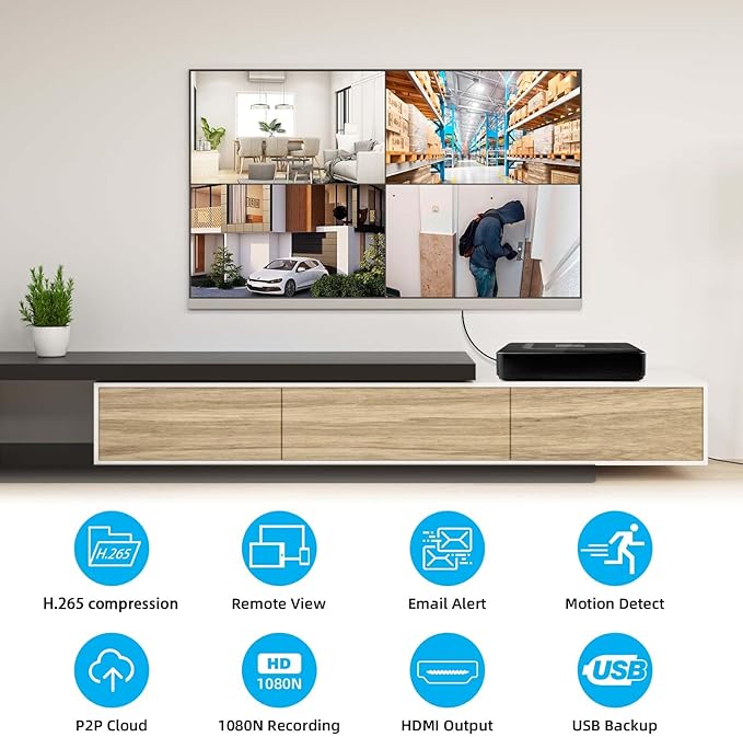 8CH H.265+ DVR and 4 x 1920TVL 2MP Home CCTV Cameras,Wired Security Camera System Outdoor, Smart face Capture and face Retrieval Functions,Email Alert, Mobile APP & PC Remote,1TB Hard Drive