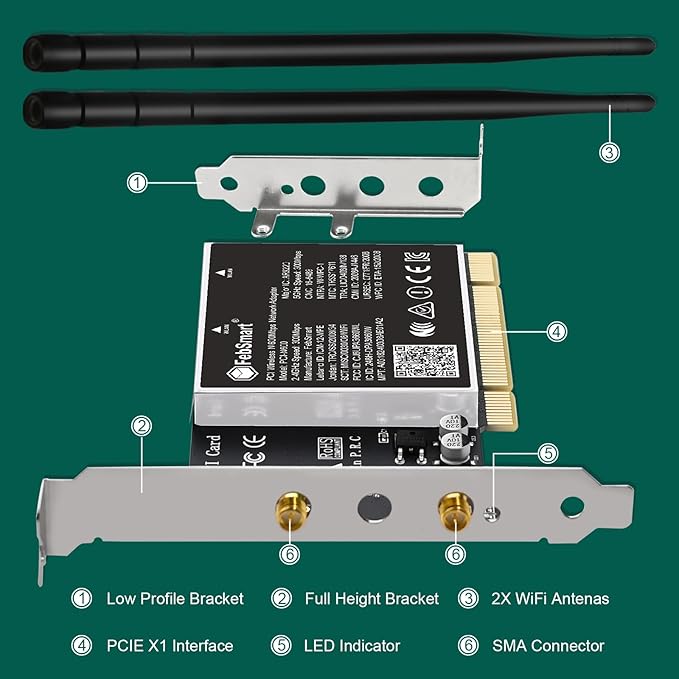 Wireless N Dual Band 600Mbps (2.4GHz 300Mbps or 5GHz 300Mbps) PCI WiFi Adapter for Windows 11, 10, 8.x, 7, XP (32/64bit) and Windows Server Desktop PCs, PCI Interface WiFi Card (PCI-N600)