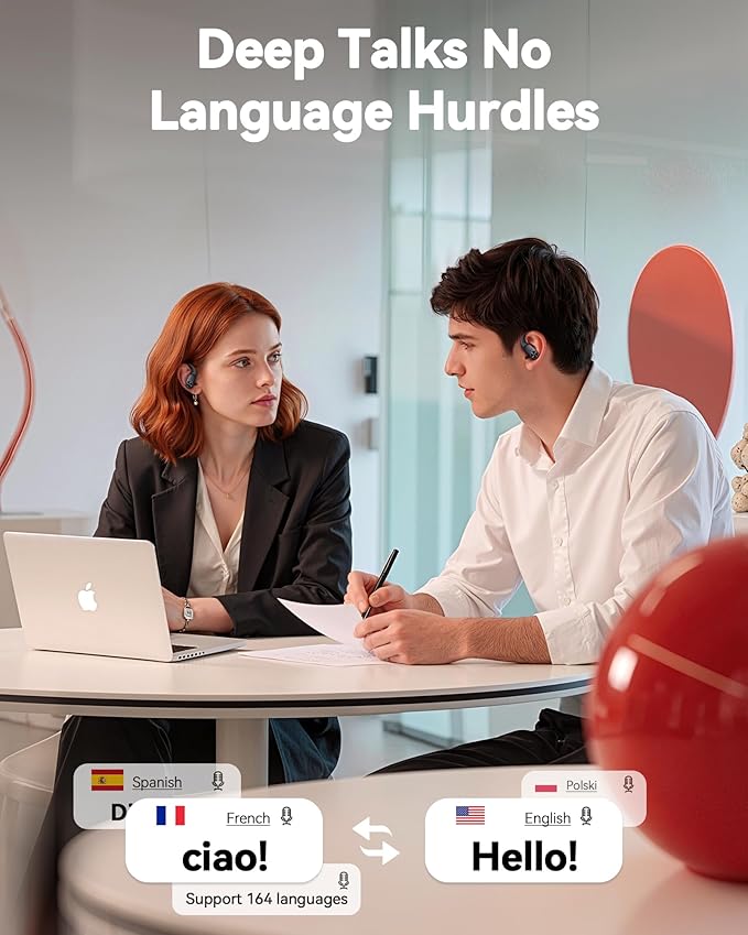 Translation Earbuds Real Time 164 Languages AI Translator Ear Buds 80Hrs Playtime Audifonos Traductores Inglés Español with 8 Translate Modes Bluetooth Headphones for Travel Meeting Learning Black