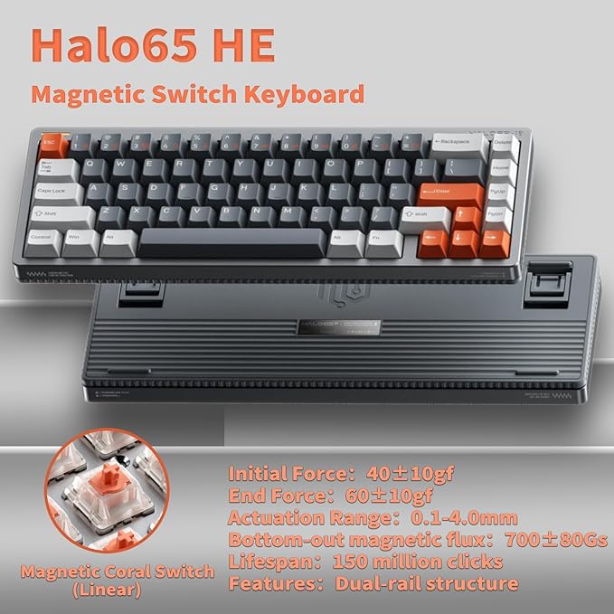 nuphy Halo65 HE Rapid Trigger Gaming Keyboard, 65% Layout 67 Keys Wired Magnetic Switches Keyboard, Hall Effect Keyboard, Hyper-Fast Adjustable Actuation, RGB Hot-swappable, 8K Hz Polling Rate